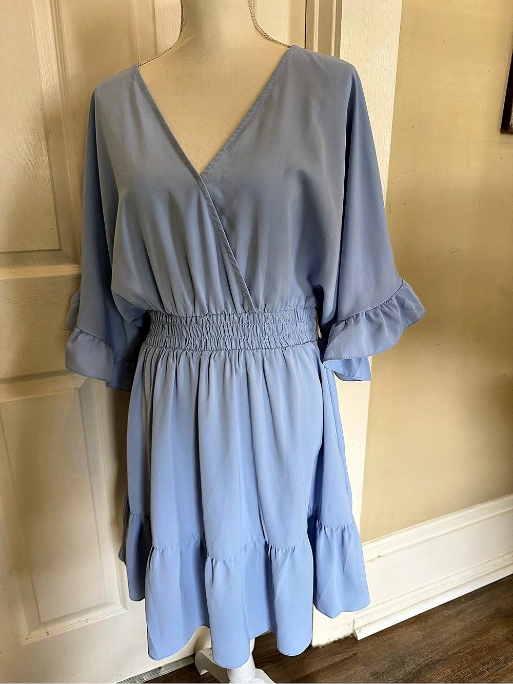 Blue Mini Dress with Ruffle Sleeves